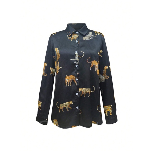 Animal Print Satin Button Up Long Sleeve Shirt Black - Picture 3 of 5